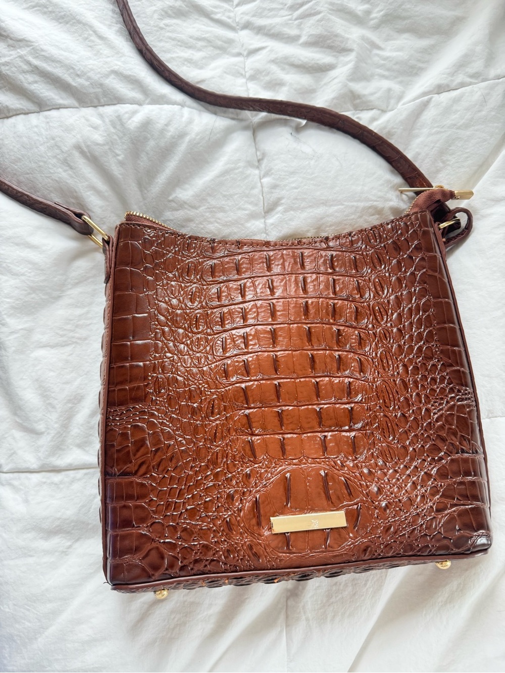 Croc-Embossed Chestnut Leather Crossbody Bag